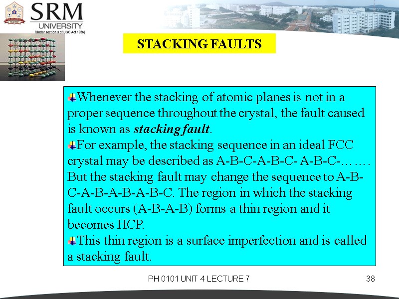 PH 0101 UNIT 4 LECTURE 7 38 STACKING FAULTS Whenever the stacking of atomic